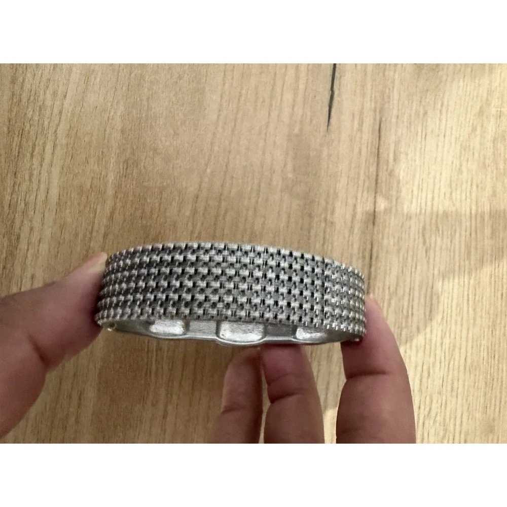 Vintage Silver Tone Hinged Clamper Bangle Alternating Basketweave 6.5